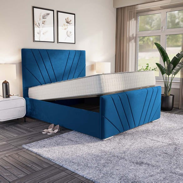 Fiji Sunrise Upholstered Ottoman Bed - Blue Plush Velvet