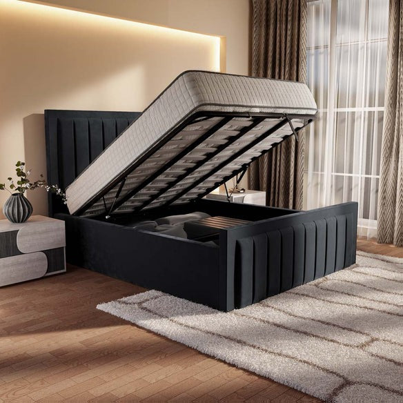 Hamilton Upholstered Ottoman Bed - Black Plush Velvet