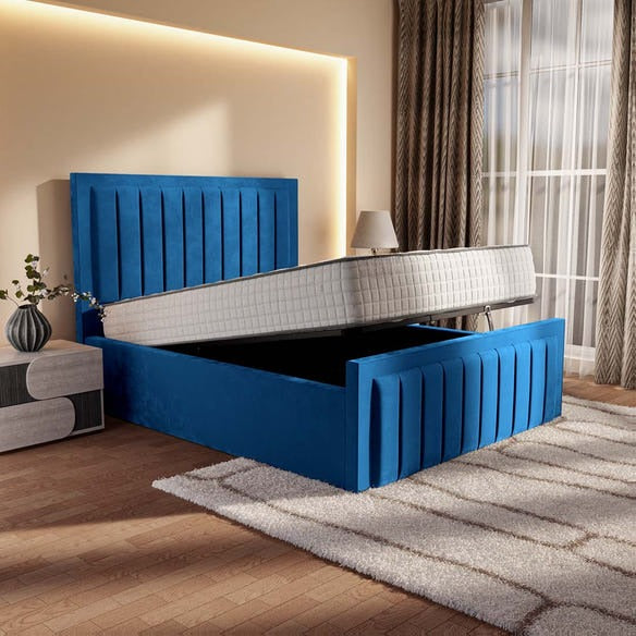 Hamilton Upholstered Ottoman Bed - Blue Plush Velvet
