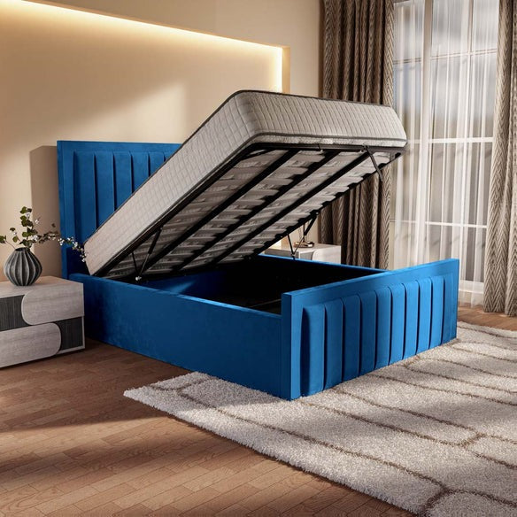 Hamilton Upholstered Ottoman Bed - Blue Plush Velvet