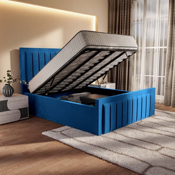 Hamilton Upholstered Ottoman Bed - Blue Plush Velvet