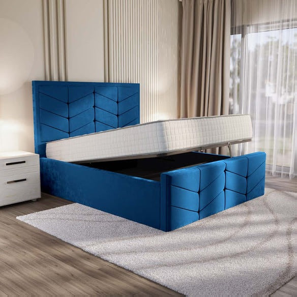 Lancaster Upholstered Ottoman Bed - Blue Plush Velvet