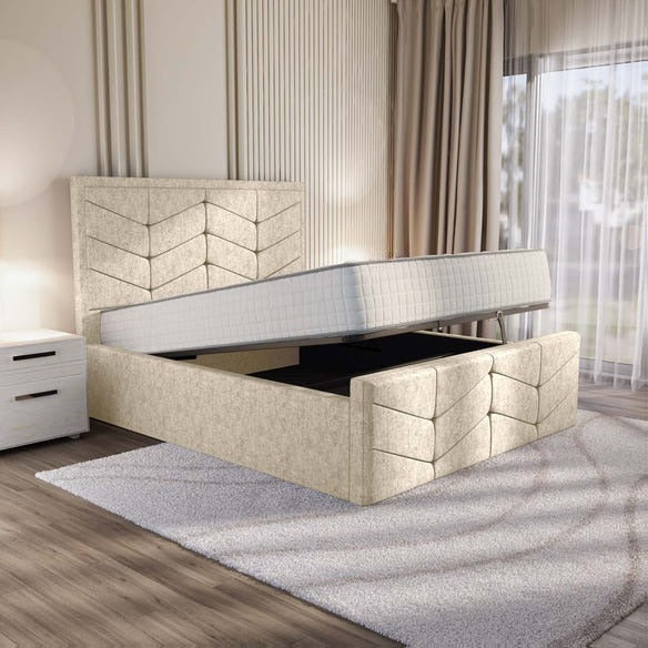 Lancaster Upholstered Ottoman Bed - Cream Chenille