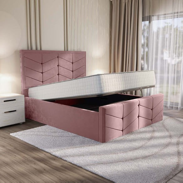 Lancaster Upholstered Ottoman Bed - Pink Plush Velvet