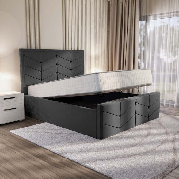 Lancaster Upholstered Ottoman Bed - Steel Plush Velvet