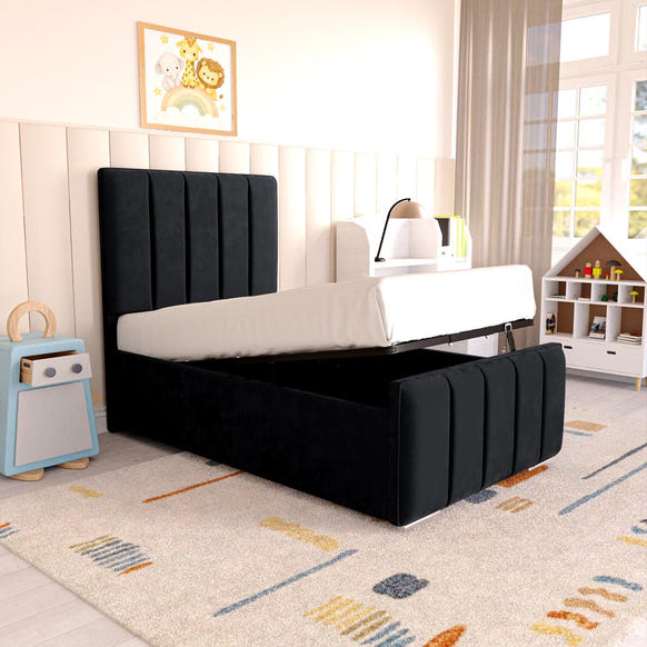 Lisbon Kids Upholstered Ottoman Bed - Black Plush Velvet