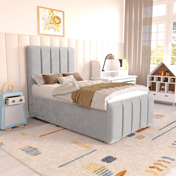 Lisbon Kids Upholstered Ottoman Bed - Silver Plush Velvet