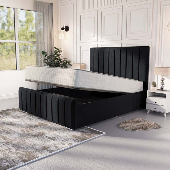 Lisbon Upholstered Ottoman Bed - Black Plush Velvet