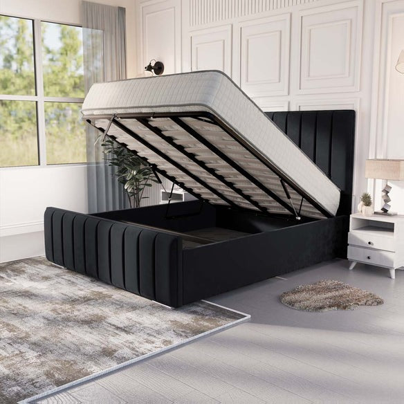 Lisbon Upholstered Ottoman Bed - Black Plush Velvet