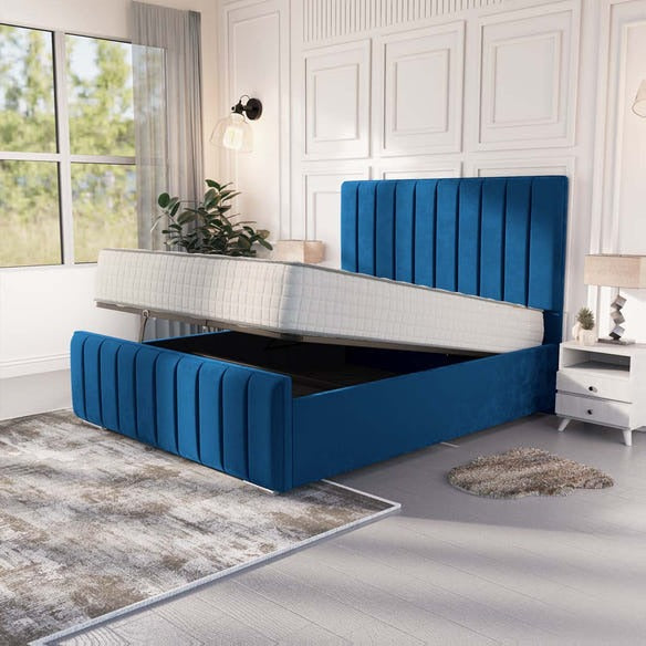 Lisbon Upholstered Ottoman Bed - Blue Plush Velvet