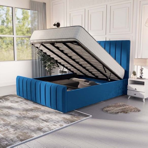 Lisbon Upholstered Ottoman Bed - Blue Plush Velvet