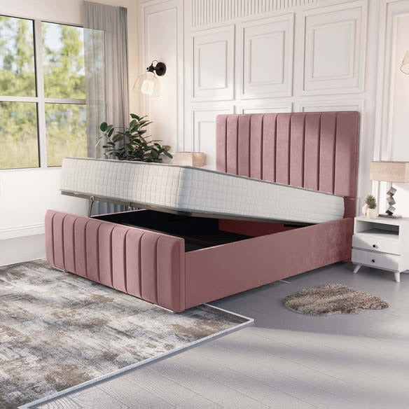 Lisbon Upholstered Ottoman Bed - Pink Plush Velvet