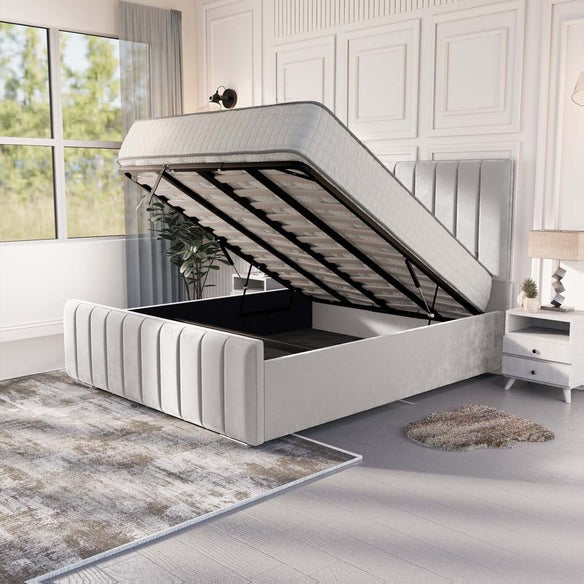 Lisbon Upholstered Ottoman Bed - Silver Plush Velvet