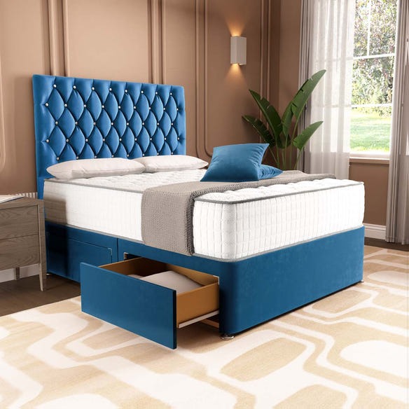 London Chesterfield Divan Bed - Blue Plush Velvet