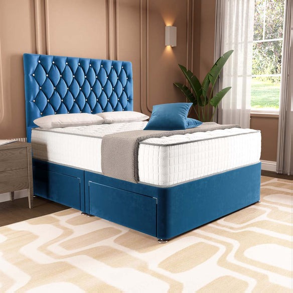 London Chesterfield Divan Bed - Blue Plush Velvet