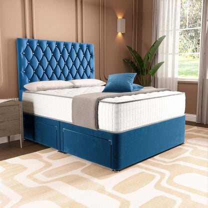 London Chesterfield Divan Bed - Blue Plush Velvet