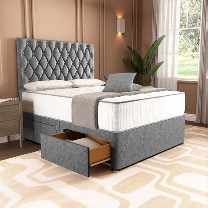 London Chesterfield Divan Bed - Silver Chenille