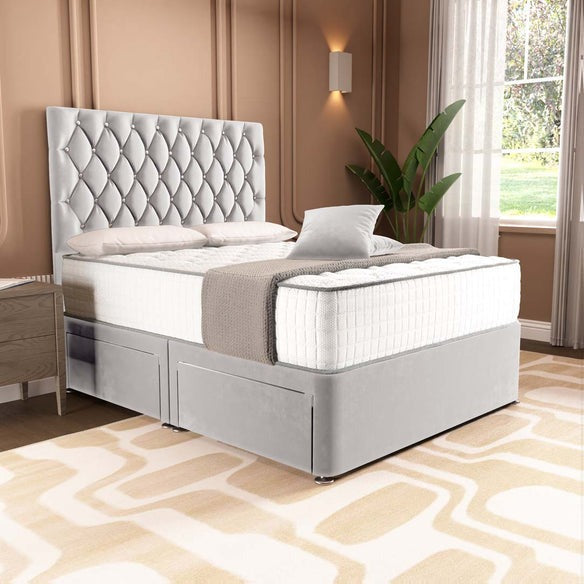 London Chesterfield Divan Bed - Silver Plush Velvet