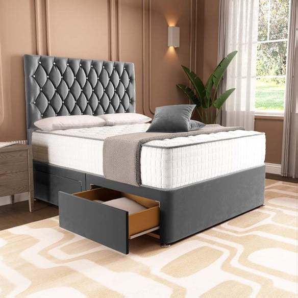 London Chesterfield Divan Bed - Steel Plush Velvet
