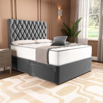 London Chesterfield Divan Bed - Steel Plush Velvet