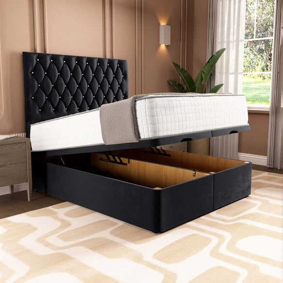 London Ottoman Divan Bed - Black Plush Velvet