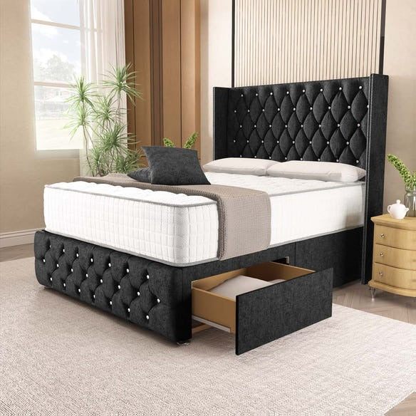Luxor Wingback Divan Bed - Black Chenille