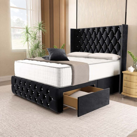 Luxor Wingback Divan Bed - Black Plush Velvet