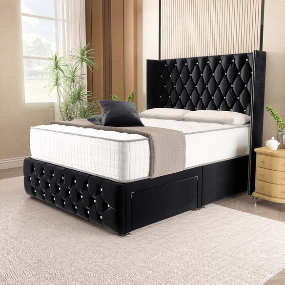 Luxor Wingback Divan Bed - Black Plush Velvet