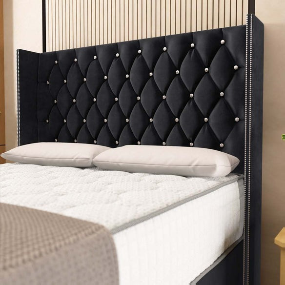 Luxor Wingback Divan Bed - Black Plush Velvet