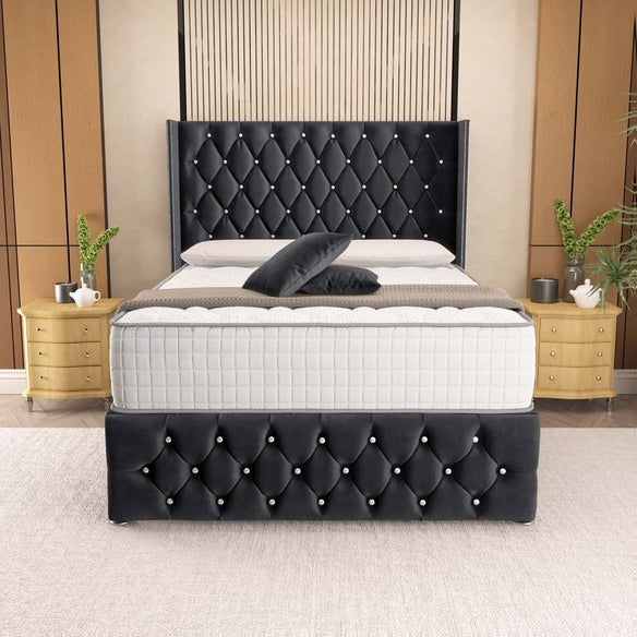 Luxor Wingback Divan Bed - Black Plush Velvet
