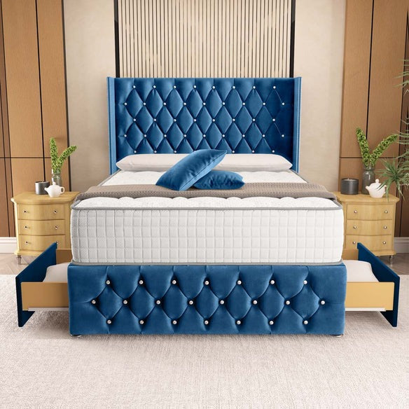Luxor Wingback Divan Bed - Blue Plush Velvet