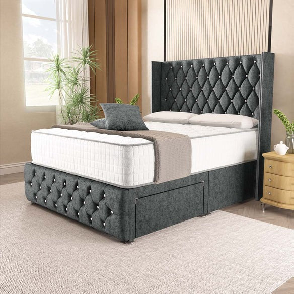 Luxor Wingback Divan Bed - Charcoal Chenille