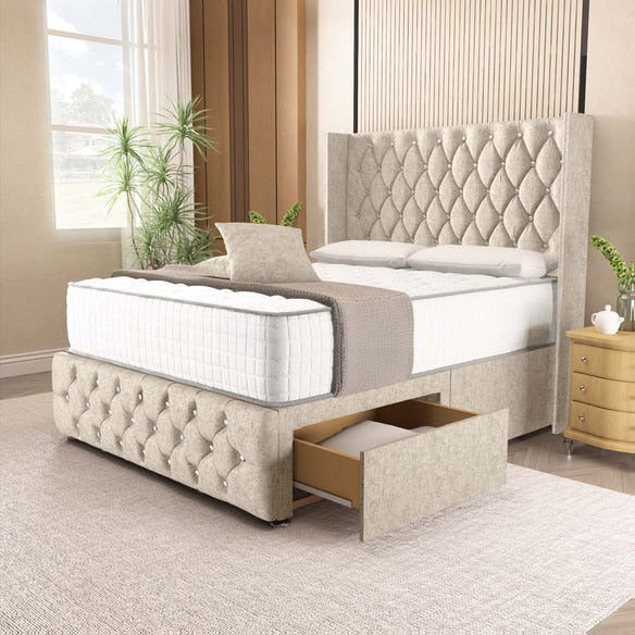 Luxor Wingback Divan Bed - Cream Chenille