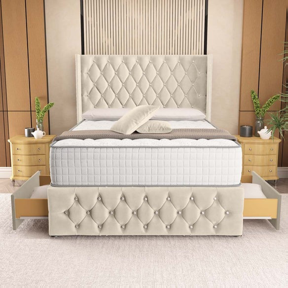 Luxor Wingback Divan Bed - Cream Plush Velvet