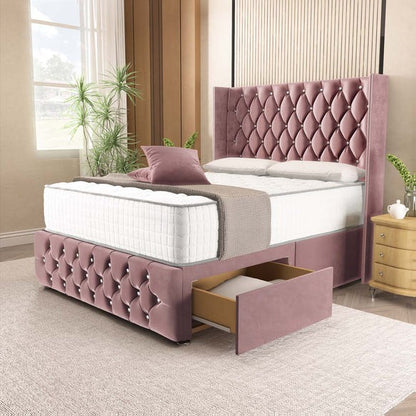 Luxor Wingback Divan Bed - Pink Plush Velvet