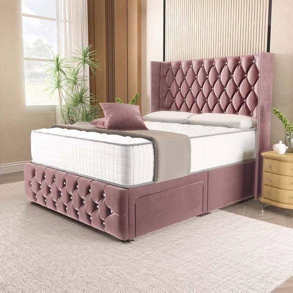 Luxor Wingback Divan Bed - Pink Plush Velvet