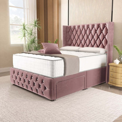 Luxor Wingback Divan Bed - Pink Plush Velvet