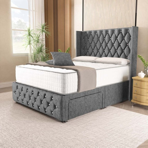 Luxor Wingback Divan Bed - Silver Chenille