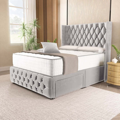 Luxor Wingback Divan Bed - Silver Plush Velvet