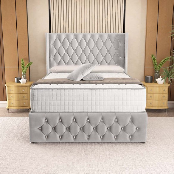 Luxor Wingback Divan Bed - Silver Plush Velvet