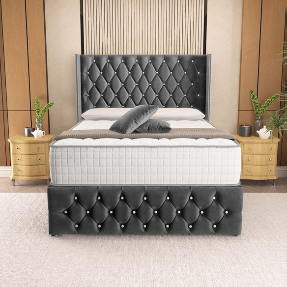Luxor Wingback Divan Bed - Steel Plush Velvet