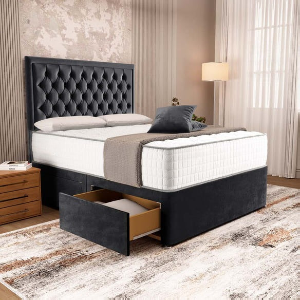 Madrid Chesterfield Divan Bed - Black Plush Velvet