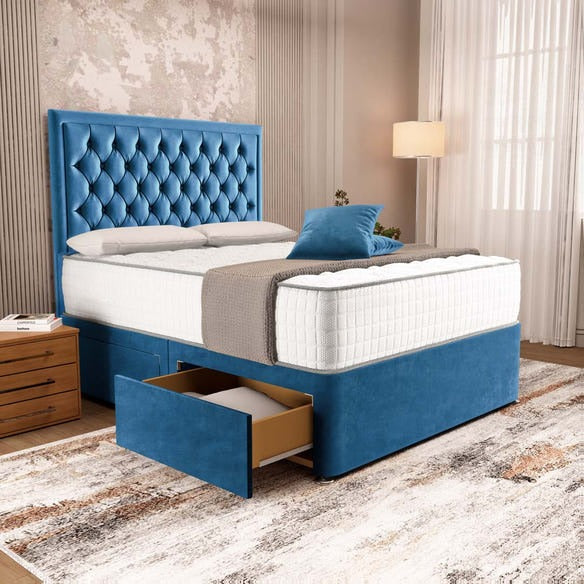 Madrid Chesterfield Divan Bed - Blue Plush Velvet