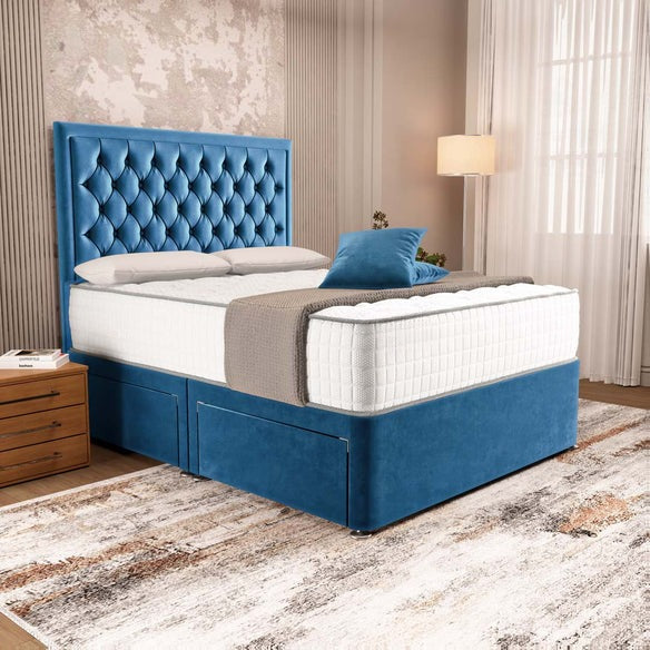 Madrid Chesterfield Divan Bed - Blue Plush Velvet