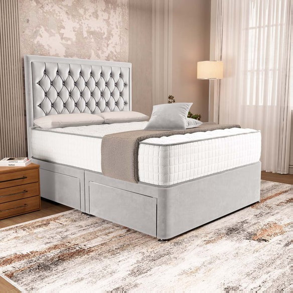 Madrid Chesterfield Divan Bed - Silver Plush Velvet