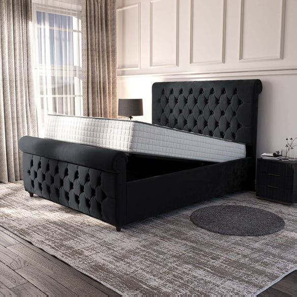 Melbourne Upholstered Ottoman Bed - Black Plush Velvet