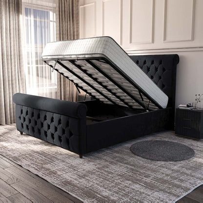 Melbourne Upholstered Ottoman Bed - Black Plush Velvet