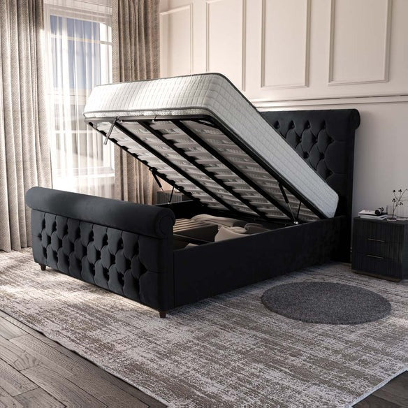 Melbourne Upholstered Ottoman Bed - Black Plush Velvet