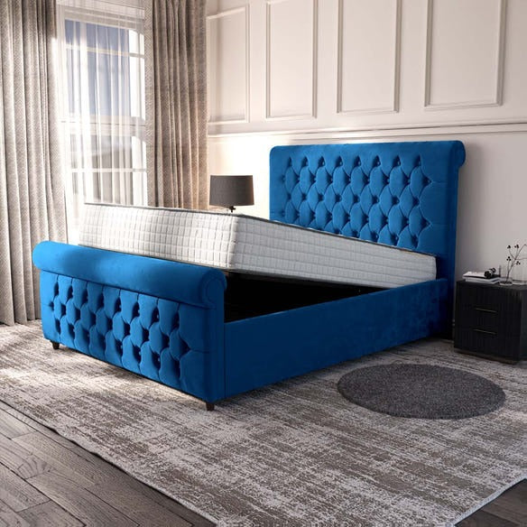 Melbourne Upholstered Ottoman Bed - Blue Plush Velvet