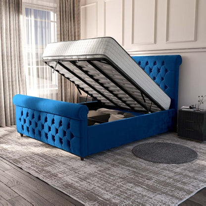 Melbourne Upholstered Ottoman Bed - Blue Plush Velvet